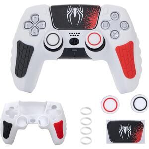 White PS5 Spider Grip Case Cover + Thumb Grips Set Silicone Anti-Slip DualSense